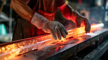 Shaping Molten Glass: A Craftsman's Skillful Hands Manipulating Red-Hot Glass in a Fiery Industrial Workshop Setting, Creating Art.