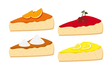 fruit cake slices, caramel, orange, cherry, lemon cheesecakes, vector illustration, set