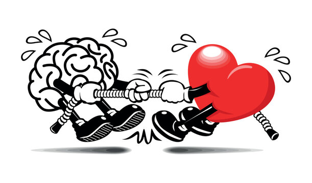 Brain and Heart tug of war. The fight between mind and feelings. Cartoon vector on transparent background