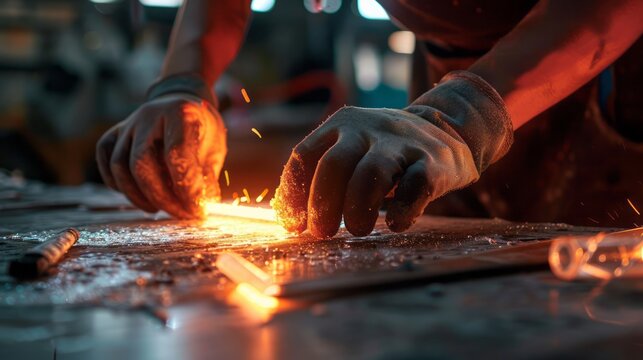 Industrial Artisan: Close-Up of Glassblowing Craftsmanship with Protective Gloves and Blazing Sparks Creating Beautiful Artistic Glass Works in a Workshop Setting