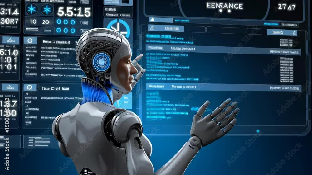 Poster futuristic robot with metallic features interacts with digital interfaces showcasing advanced cybern