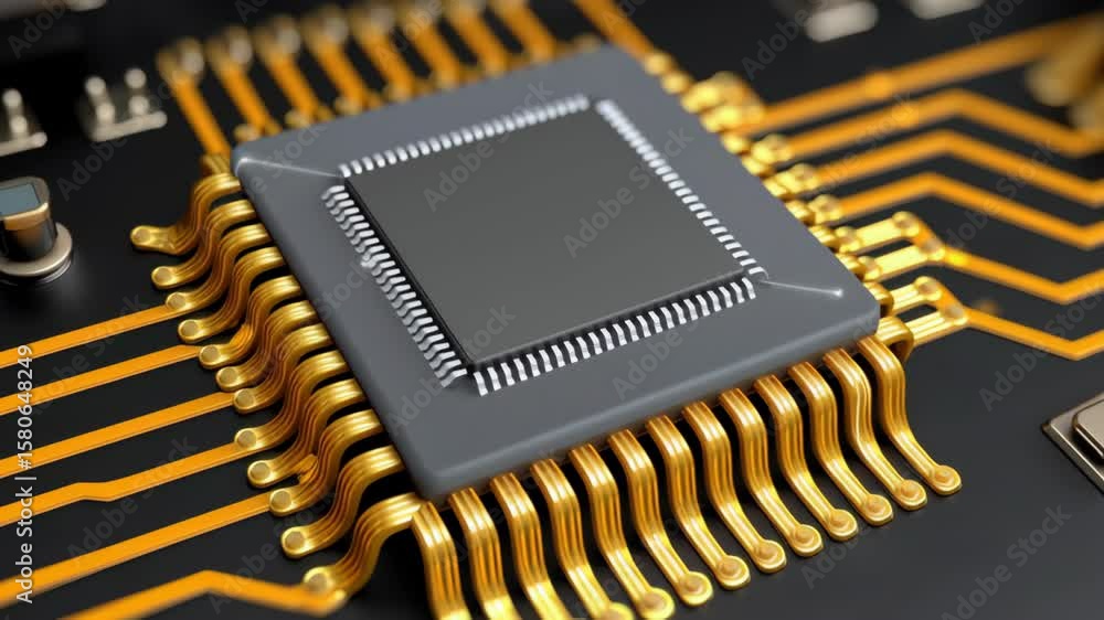 Poster close up of microchip with gold connectors on circuit board, showcasing intricate electronic details