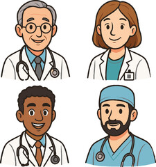 Diverse Medical Professional Character Set – Cartoon Avatars in Clinical Attire doctor and nurse
