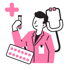 Male Doctor Explaining Pills and Injection – Health Treatment Education Vector