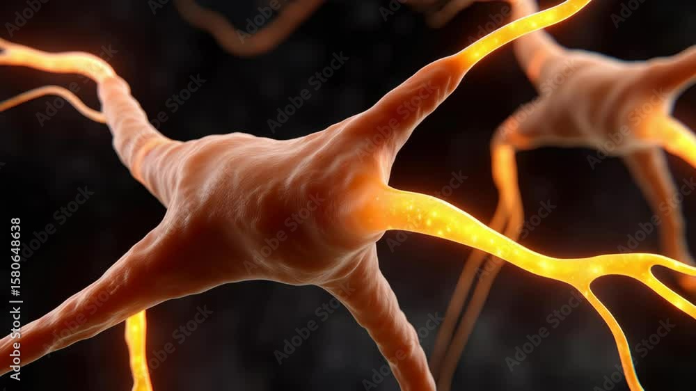 Poster glowing neurons and synapses in dark background illustrating neural connections, brain activity, and