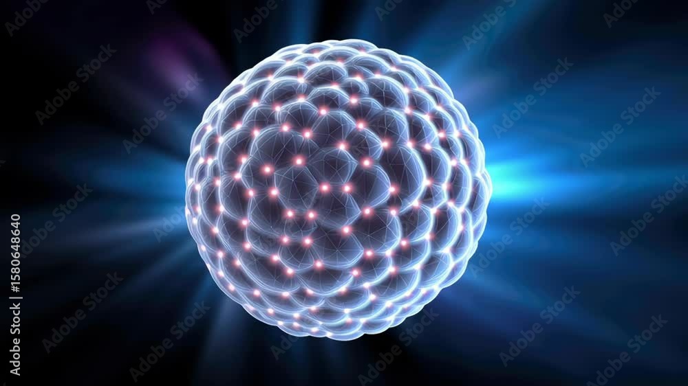 Poster glowing spherical structure with interconnected nodes and lines creating futuristic network with blu