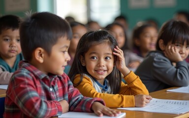 Migrant children attending school for the first time, expressions of curiosity and excitement, sense of educational opportunity and inclusion, classroom setting with diverse students. High quality