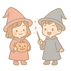 Adorable cartoon children dressed as wizards for Halloween, one holding a pumpkin, the other casting magic with a wand.
