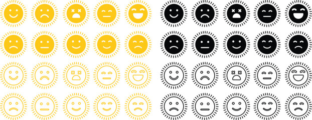 sun icon set in emoji shape Cute Cartoon Sun Character Smiling Face Sunshine Rays, and Playful Emotions for Kids’ Summer Design and Positive Vector