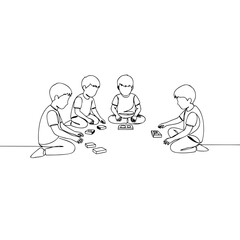 Four children playing a cooperative game on the floor indoors  