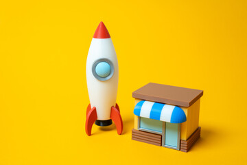Store building and rocket. Advertising and targeting. Open a startup or your own business. Location...