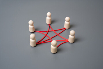 People in a circle are connected by lines and connections. Teamwork, digital connectivity, or...