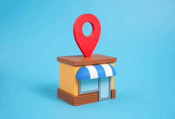 Shop with geolocation symbol on roof. Location pin button. Business location marketing, visibility...