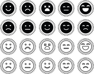 sun icon set in emoji shape Cute Cartoon Sun Character Smiling Face Sunshine Rays, and Playful Emotions for Kids’ Summer Design and Positive Vector