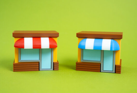 Two competing stores. Market competition, brand differentiation, and price wars. Consumer choice, neighborhood rivalry, and strategic marketing in retail sectors.