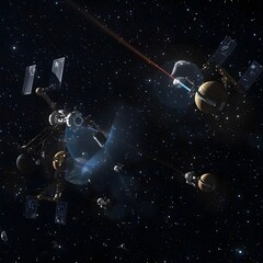 Naklejka premium Satellite-Based Space Debris Removal Robots Using Laser Systems for Orbital Cleanup in Futuristic Space Environment