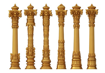 golden Indian temple pillars, intricate architectural columns with traditional carvings, historical design elements