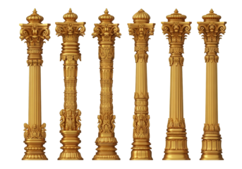 golden Indian temple pillars, intricate architectural columns with traditional carvings, historical design elements