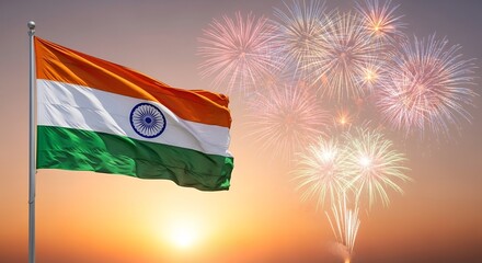 Indian Flag with Fireworks Against Sunset Sky