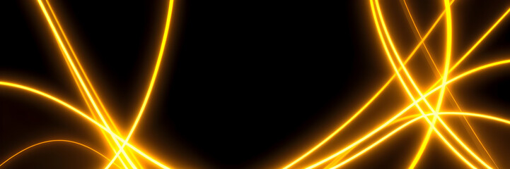 Dark abstract background with gold neon glowing lines. Bold neon gold light trails on a dark...