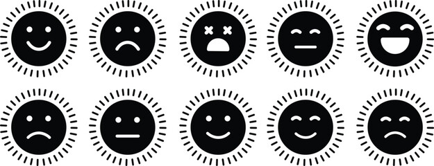 sun icon set in emoji shape Cute Cartoon Sun Character Smiling Face Sunshine Rays, and Playful Emotions for Kids’ Summer Design and Positive Vector