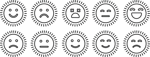 sun icon set in emoji shape Cute Cartoon Sun Character Smiling Face Sunshine Rays, and Playful Emotions for Kids’ Summer Design and Positive Vector