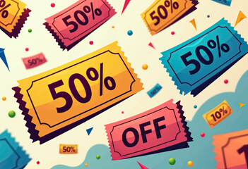 Vibrant pattern of colorful 50% discount coupons and confetti, symbolizing exciting sales events, festive promotions, and rewarding shopping experiences for consumers.

