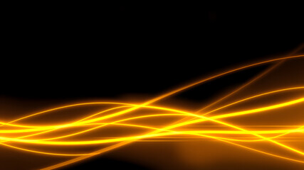 Dark abstract background with gold neon glowing lines. Bold neon gold light trails on a dark...