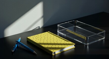 Yellow polka dot notebook and blue pens on a dark desk with sunlight casting geometric shadows through a clear acrylic organizer in a minimalist workspace setting