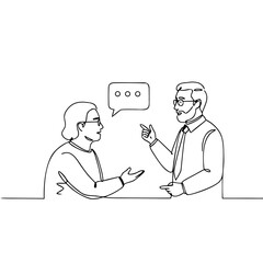 Two colleagues discussing ideas in minimalist line art style  