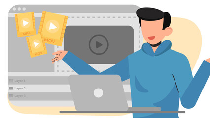 Modern Flat Video Editing Illustration. Editor Working on Timeline, Media Assets, and Content Creation Process