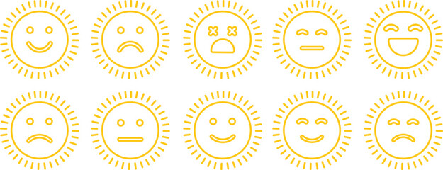 sun icon set in emoji shape Cute Cartoon Sun Character Smiling Face Sunshine Rays, and Playful Emotions for Kids’ Summer Design and Positive Vector