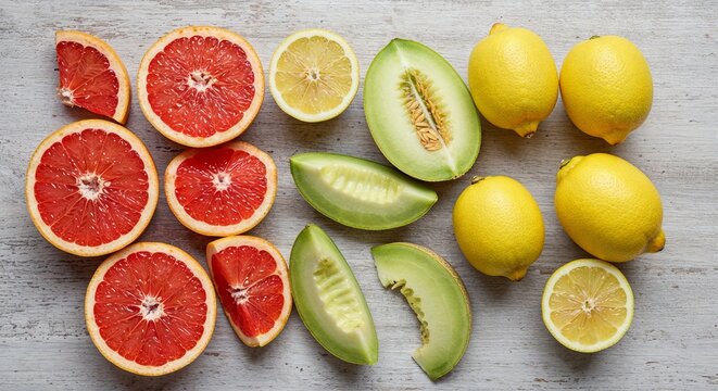 Aerial view of assorted citrus and melon fruits including grapefruit, lemon, and honeydew melon arranged on a rustic wooden surface for a fresh and vibrant summer theme