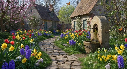 Charming stone pathway meanders through vibrant spring garden with colorful flowers, rustic well, and quaint cottage under clear blue sky, creating a serene and picturesque landscape