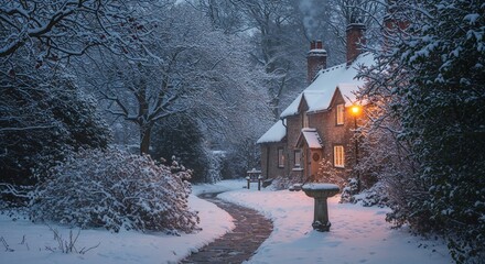 Charming snow-covered cottage with warm glowing light nestled in a serene winter forest landscape, surrounded by snow-laden trees and a winding stone path at dusk