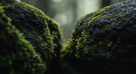 Close-up view of lush green moss and tiny plants thriving on wet rocks in a serene forest environment with soft natural light and blurred background