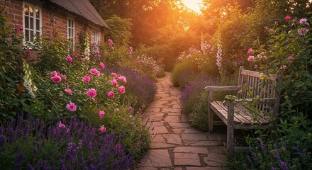 Serene garden pathway adorned with vibrant pink roses and lavender leading to a charming brick cottage at sunset