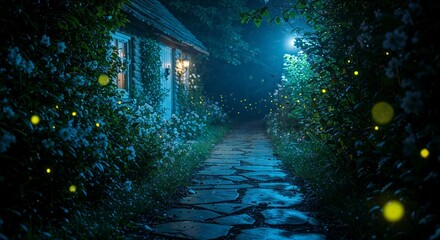 Enchanting night garden path illuminated by glowing fireflies leading to a cozy cottage surrounded by lush greenery and blooming flowers under a serene moonlit sky