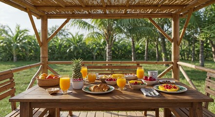 Scenic outdoor breakfast setting with fresh fruit, croissants, and orange juice on a wooden table under a rustic pergola surrounded by lush tropical palm trees in a sunny garden
