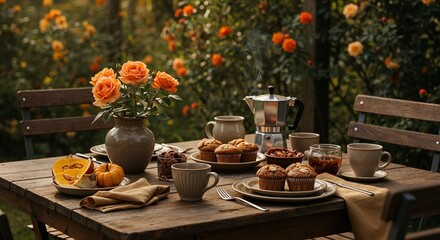 Rustic outdoor breakfast setting with steaming coffee, muffins, and autumn flowers on a wooden table surrounded by vibrant orange roses in a sunlit garden