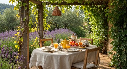Charming outdoor breakfast setup under a wooden pergola surrounded by lush greenery and vibrant lavender with a table set for four featuring fresh fruits, orange juice, and tea