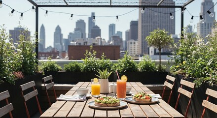 Rooftop brunch setting with avocado toast and fresh juices overlooking a city skyline on a sunny day with string lights and greenery creating a cozy urban outdoor dining atmosphere