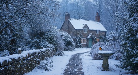Charming stone cottage nestled in a serene winter landscape with snow-covered trees and a quaint birdbath along a winding stone path