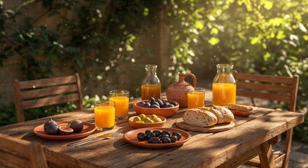 Rustic outdoor breakfast table with fresh orange juice, figs, olives, and bread in a sunlit garden setting surrounded by lush greenery and wooden chairs