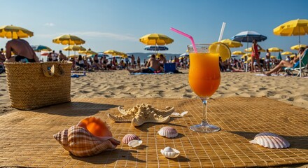 Refreshing tropical cocktail with starfish and seashells on beach mat amidst vibrant umbrellas and sunbathers on a sunny summer day at a bustling seaside resort