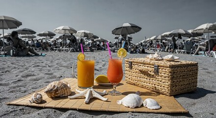 Refreshing tropical drinks and seashells on a sandy beach with umbrellas and sunbathers in the background under a clear blue sky