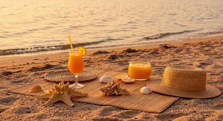 Serene beachside picnic setup with refreshing orange drinks, seashells, and straw hat on sandy shore at sunset, perfect for summer relaxation and tropical getaway inspiration
