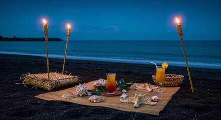 Romantic beachside picnic setup at dusk with tropical cocktails, seashells, and tiki torches on a bamboo mat against a serene ocean backdrop and dark sandy beach