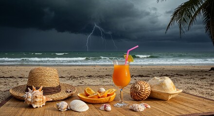 Tropical beach scene with vibrant orange cocktail, seashells, and straw hat under dramatic stormy sky with lightning over ocean horizon