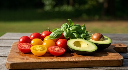 Freshly harvested red and yellow cherry tomatoes with ripe avocado halves and basil leaves on a rustic wooden cutting board in a sunlit garden setting